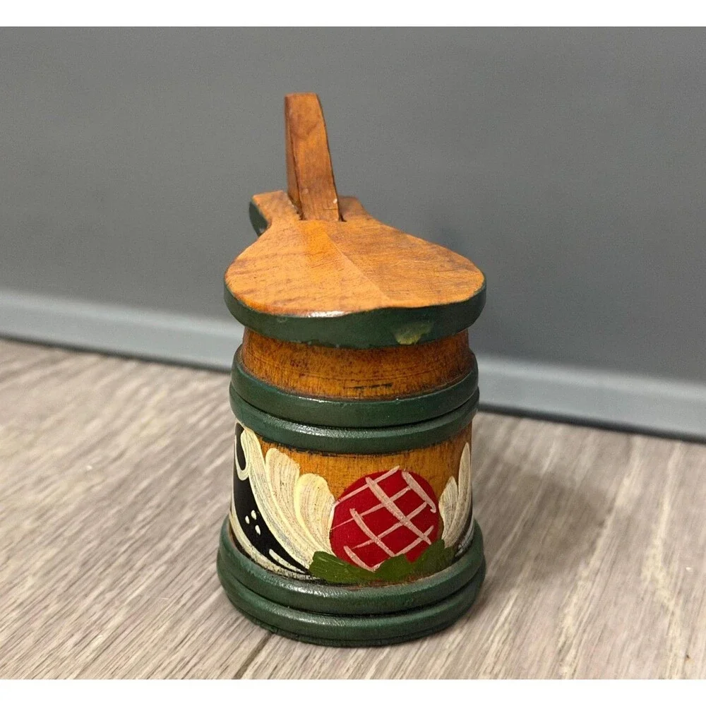 Vintage Swedish Handpainted Wooden Stein Mug with Lid